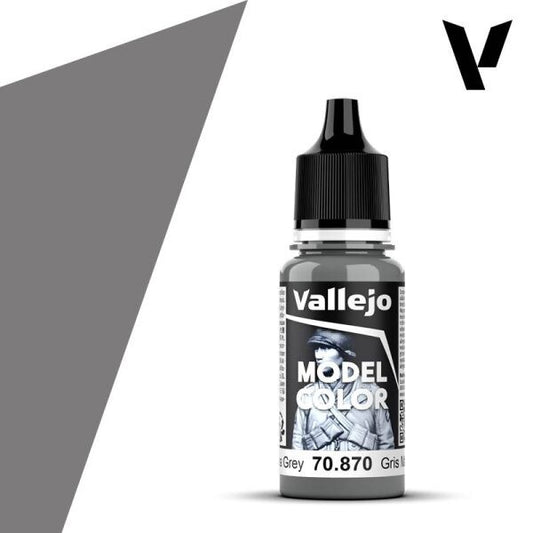 A 17ml dropper bottle of Vallejo Model Color paint in 'Medium Sea Grey' (70.870), showcasing its specific, slightly blue-grey hue, characteristic of naval and aircraft camouflage.