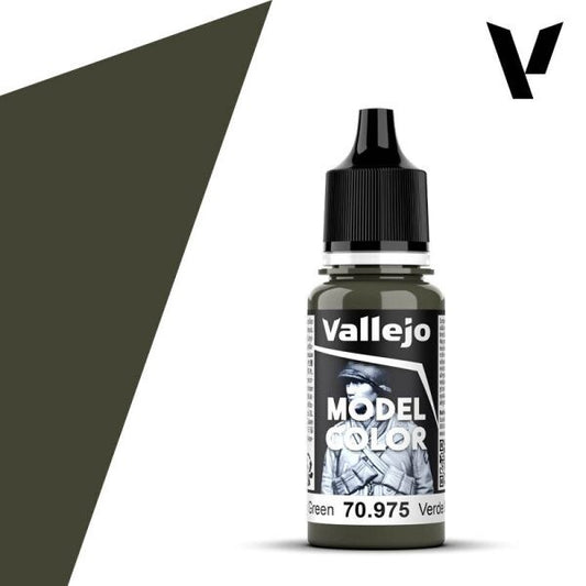 A 17ml dropper bottle of Vallejo Model Color paint in 'Military Green' (70.975), showcasing its classic, deep, and slightly desaturated green hue, perfect for a wide range of military models and uniforms.