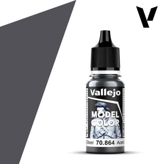 A 17ml dropper bottle of Vallejo Model Color paint in 'Natural Steel' (70.864), showcasing its realistic, slightly dulled metallic grey hue, ideal for unpolished metal.