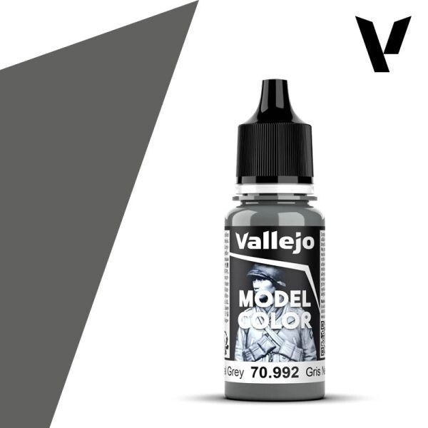 A 17ml dropper bottle of Vallejo Model Color paint in 'Neutral Grey' (70.992), showcasing a balanced, pure mid-tone grey hue, essential for shading, blending, and accurate basecoats.