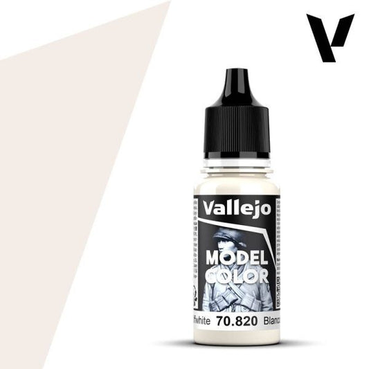 A 17ml or 18ml dropper bottle of Vallejo Model Color paint in 'Off-White' (70.820), showing a soft, creamy white hue, ideal for subtle highlights, aged whites, or specific uniform colours.