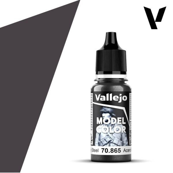 A 17ml dropper bottle of Vallejo Model Color paint in 'Oily Steel' (70.865), showcasing its dark, slightly muted metallic grey hue with a subtle sheen, ideal for worn or greased metal.