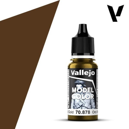 A 17ml dropper bottle of Vallejo Model Color paint in 'Old Gold' (70.878), showcasing its rich, warm, and somewhat muted metallic gold hue, ideal for antique metals and aged treasures.