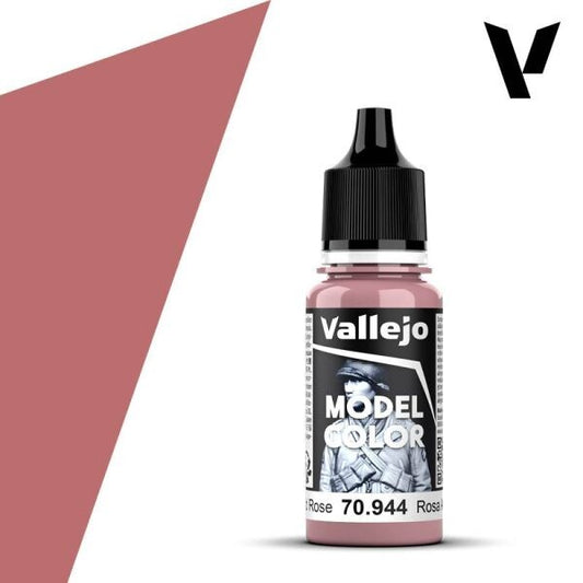 A 17ml or 18ml dropper bottle of Vallejo Model Color paint in 'Old Rose' (70.944), showcasing a muted, desaturated rose or dusty pink hue, ideal for vintage fabrics, aged skin tones, or subtle fantasy elements.