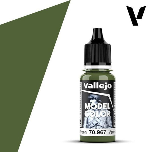A 17ml or 18ml dropper bottle of Vallejo Model Color paint in 'Olive Green' (70.967), showcasing a classic, muted, earthy green hue commonly associated with military uniforms and vehicles.
