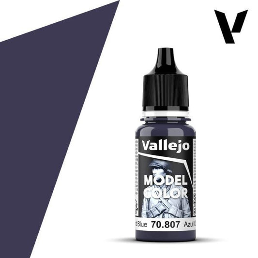 A 17ml dropper bottle of Vallejo Model Color paint in 'Oxford Blue' (70.807), showcasing its deep, rich, and slightly muted dark blue hue, reminiscent of traditional academic or institutional colors.