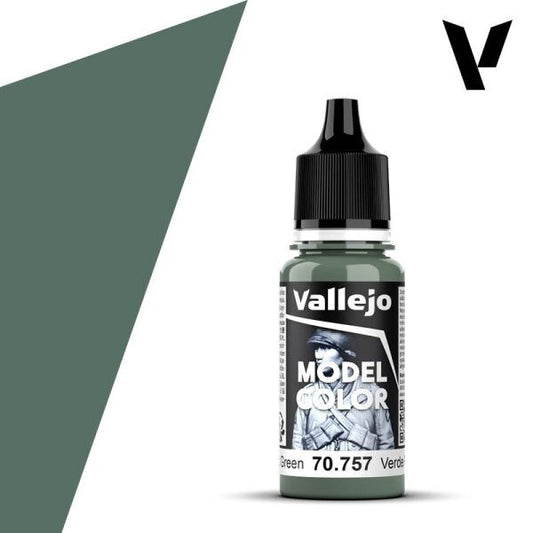 A 17ml or 18ml dropper bottle of Vallejo Model Color paint in 'Pacific Green' (70.757), showcasing a vibrant, deep green hue, reminiscent of tropical foliage or specific military camouflage.