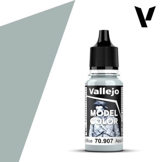 A 17ml dropper bottle of Vallejo Model Color paint in 'Pale Grey Blue' (70.907), showcasing a very light, almost pastel blue with a strong grey tint, often used for aircraft, light uniforms, or sci-fi elements.