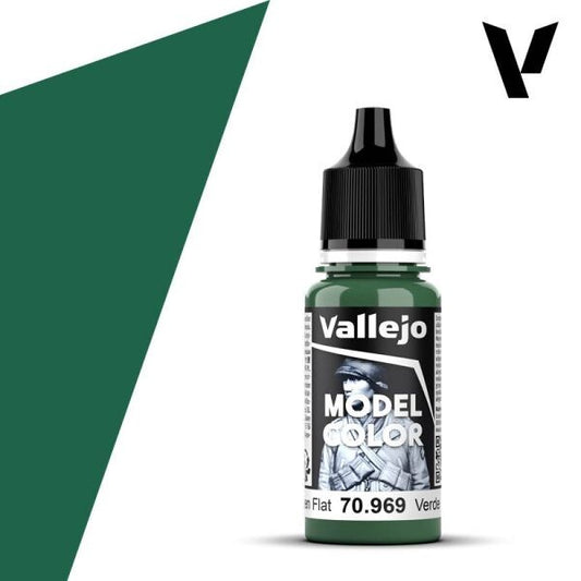 A 17ml dropper bottle of Vallejo Model Color paint in 'Park Green Flat' (70.969), showcasing its subdued, muted green hue, perfect for natural vegetation, military vehicles, or uniforms.