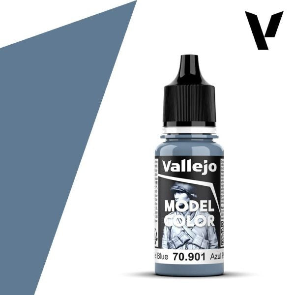 A 17ml dropper bottle of Vallejo Model Color paint in 'Pastel Blue' (70.901), showcasing a soft, very light, almost powdery blue hue, ideal for subtle highlights, delicate fabrics, or ethereal effects.