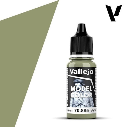 A 17ml or 18ml dropper bottle of Vallejo Model Color paint in 'Pastel Green' (70.885), showcasing a soft, light, and slightly desaturated green hue, ideal for subtle uniforms, light foliage, or ethereal fantasy elements.