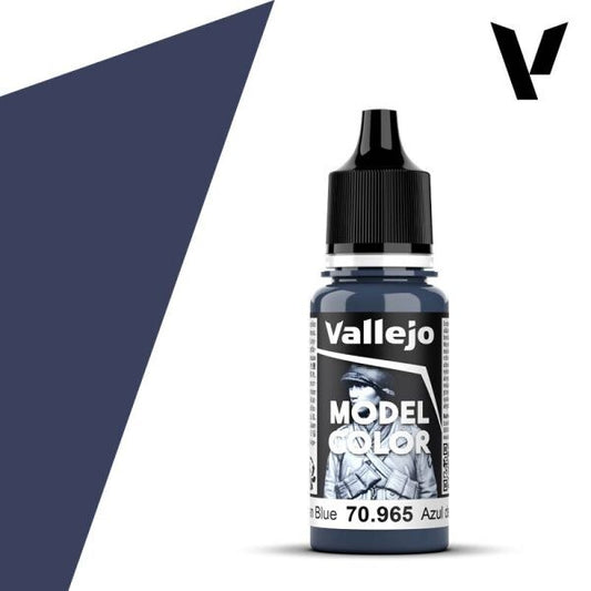 A 17ml or 18ml dropper bottle of Vallejo Model Color paint in 'Prussian Blue' (70.965), showcasing a deep, intense, slightly greenish-blue hue, historically significant for military uniforms and also versatile for fantasy.