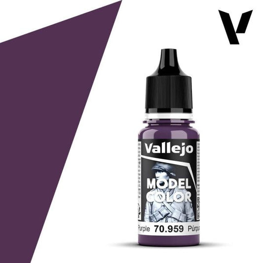 A 17ml or 18ml dropper bottle of Vallejo Model Color paint in 'Purple' (70.959), showcasing a vibrant, mid-tone purple hue, ideal for fantasy elements, clothing, or magical effects.