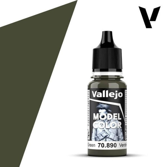 A 17ml or 18ml dropper bottle of Vallejo Model Color paint in 'Reflective Green' (70.890), showcasing a bright, vivid green hue with a slight yellow tint, often used for highlighting other greens or specific camouflage.
