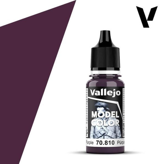A 17ml or 18ml dropper bottle of Vallejo Model Color paint in 'Royal Purple' (70.810), showcasing a deep, rich, and vibrant purple hue, often associated with royalty, magic, or fantasy elements.