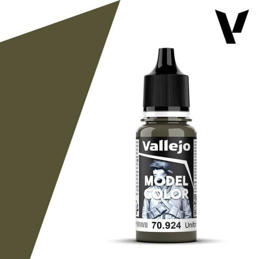 A 17ml dropper bottle of Vallejo Model Color paint in 'Russian Uniform WWII' (70.924), showcasing its distinctive dark grey-green hue, accurately representing Soviet military uniforms and vehicles from World War II.