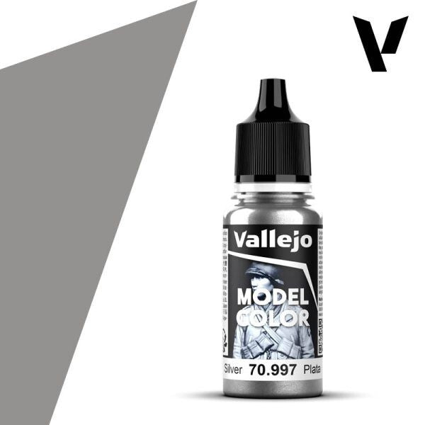 A 17ml dropper bottle of Vallejo Model Color paint in 'Silver' (70.997), showcasing its bright, classic metallic silver hue, ideal for weapons, armor, and mechanical details.