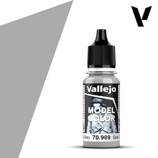 A 17ml dropper bottle of Vallejo Model Color paint in 'Sky Grey' (70.989), showing a light, neutral grey hue, often used for aircraft undersides or light uniform shades.