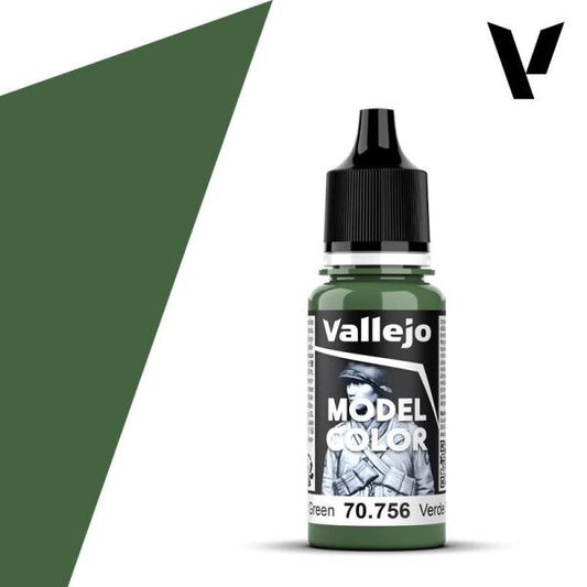 A 17ml dropper bottle of Vallejo Model Color paint in 'Splinter Green' (70.756), showcasing its specific, muted green hue, typically associated with German splinter camouflage patterns.