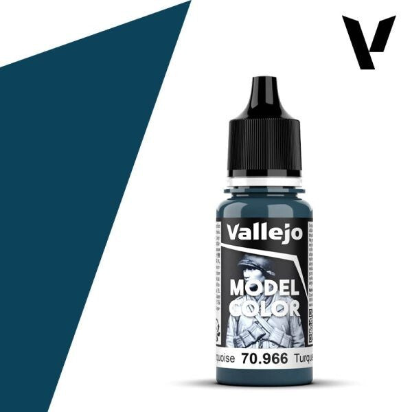 A 17ml dropper bottle of Vallejo Model Color paint in 'Turquoise' (70.966), showing its vibrant blue-green hue, perfect for fantasy figures, gems, or bright details.