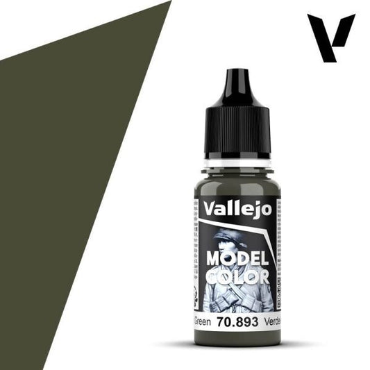 A 17ml dropper bottle of Vallejo Model Color paint in 'US Dark Green' (70.893), showcasing its deep, muted military green hue, characteristic of US Army vehicles and uniforms.