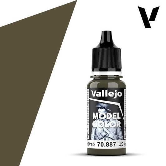 A 17ml dropper bottle of Vallejo Model Color paint in 'US Olive Drab' (70.887), displaying its iconic, deep military green-brown hue, characteristic of US Army vehicles and equipment.