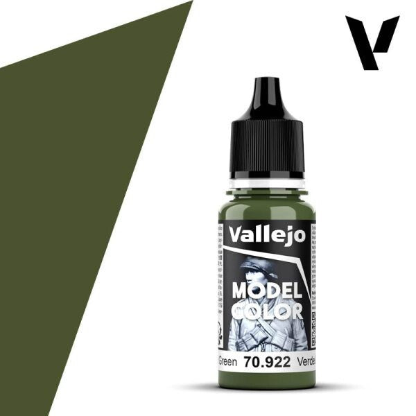 A 17ml dropper bottle of Vallejo Model Color paint in 'Uniform Green' (70.922), displaying its classic, muted military green hue, ideal for uniforms and drab army vehicles.