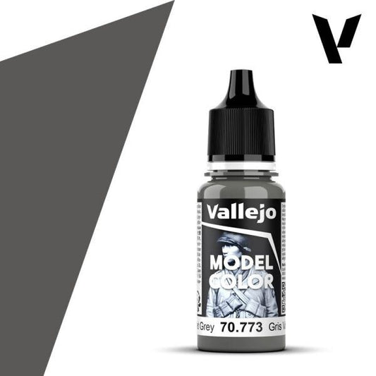 A 17ml dropper bottle of Vallejo Model Color paint in 'Violet Grey' (70.773), showcasing its muted, purplish-grey hue, suitable for subtle shadows or specific uniform colors.