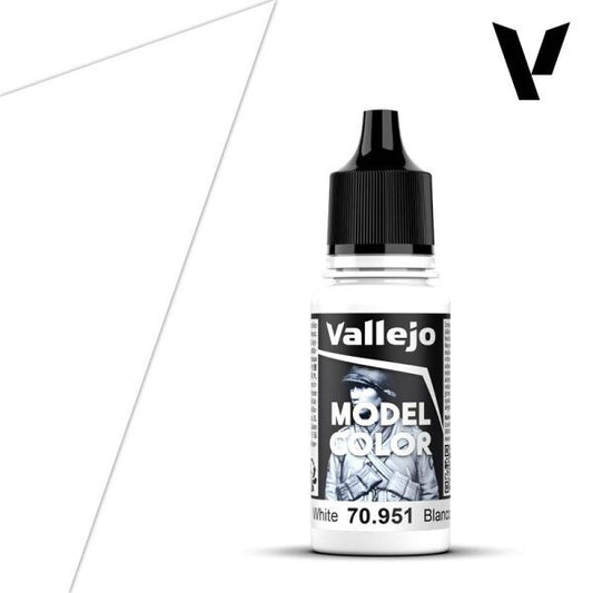 A 17ml dropper bottle of Vallejo Model Color paint in 'White' (70.951), showcasing a pure, bright white hue, essential for highlights, mixing, and basecoats.