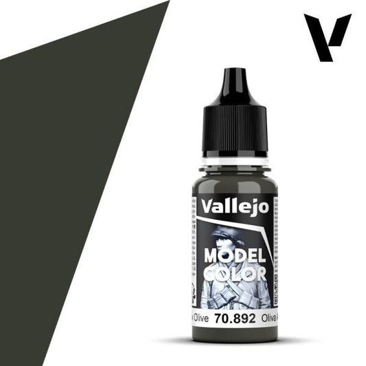 A 17ml dropper bottle of Vallejo Model Color paint in 'Yellow Olive' (70.892), showcasing its drab, warm olive green hue, suitable for military vehicles, uniforms, or natural elements.