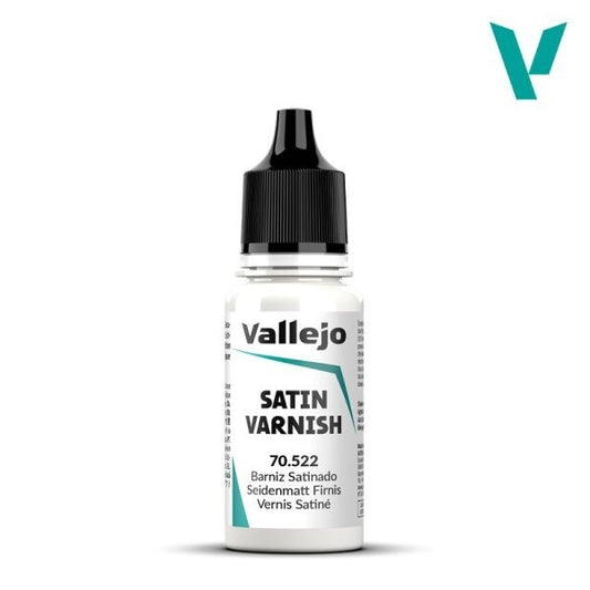 A 17ml dropper bottle of Vallejo Satin Varnish (70.522), showing a slightly cloudy liquid, indicating its purpose to provide a protective, low-sheen finish over painted models.
