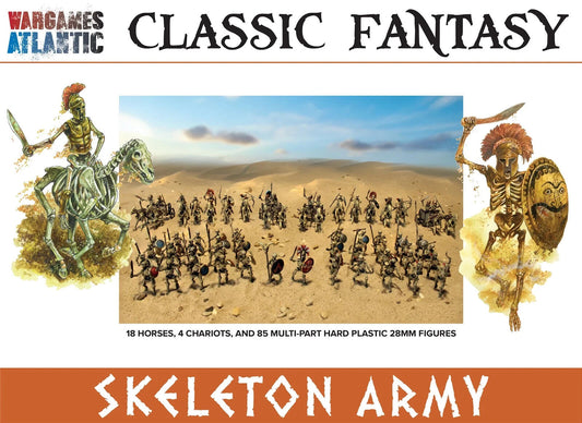 The box art for the Wargames Atlantic Skeleton Army, showing a large assortment of 28mm hard plastic skeletal miniatures, including infantry, cavalry, and chariots, charging forth with various weapons.